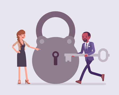 Lock and key, business problem solving and decision making metaphor. Man and woman ready to open, unlock a secret method, formula, or process, find new sound decision, conclusion. Vector illustrationのイラスト素材