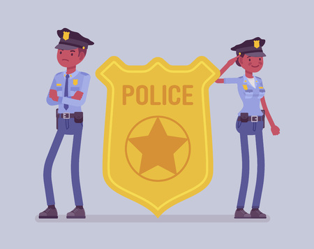 Police officer emblem and black policemen. Male and female officers standing near giant bright cop badge, symbol of policing, recognizable professional sign of authority, service. Vector illustrationのイラスト素材