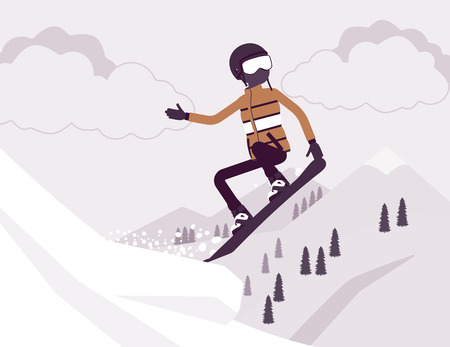 Active sporty man riding on snowboard, jumping, enjoys winter outdoor fun on ski resort with snow nature and mountain view, wintertime tourism and recreation. Vector illustration, faceless charactersのイラスト素材
