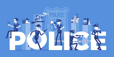 Police giant letters with male, female officers. Policemen in uniform, working for prevention, detection of crime, carry professional duty of maintaining law. Vector illustration, faceless charactersのイラスト素材
