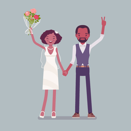 Happy bride and groom on wedding ceremony. African american man, woman in a beautiful white dress on traditional celebration, married couple in love. Marriage customs, traditions. Vector illustrationのイラスト素材