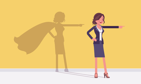 Super businesswoman in hero pose. Successful female manager admired for courage, outstanding business achievements with shadow waving cloak, excessive pride and self-satisfaction. Vector illustrationのイラスト素材