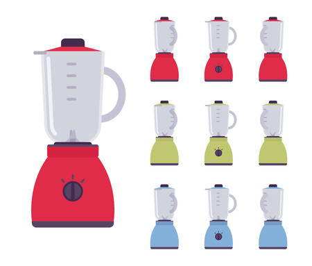 Blender set, electric mixing kitchen machine. Device for food preparation, liquidizing, chopping, pureeing. Vector flat style cartoon illustration isolated on white background, different views, colorsのイラスト素材