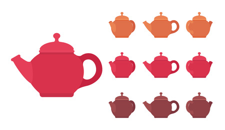 Teapot set, kitchen appliance. Elegant kettle, container to boil liquid or brew tea, traditional design. Vector flat style cartoon illustration isolated on white background, different views and colorsのイラスト素材
