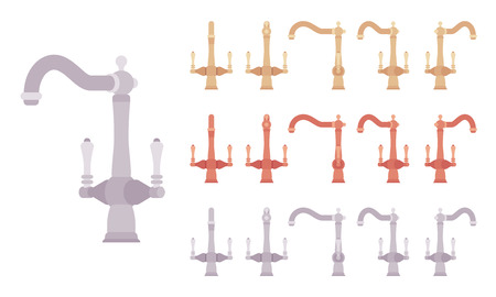 Retro water mixer set. Kitchen or bathroom valve controlling release of a hot and cold liquid, sink faucet. Vector flat style cartoon illustration isolated on white background, different views, colorsのイラスト素材