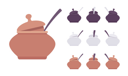 Pot set, kitchen appliance. Round lidded cauldron for storage, serving, sugar bowl, kitchenware accessory. Vector flat style cartoon illustration isolated on white background, different views, colorsのイラスト素材