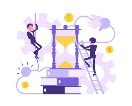 Time, duties for business people. Businessmen near giant hourglass clocks, documents, task employees need to do, plan for team required to perform. Vector abstract illustration with faceless characterのイラスト素材