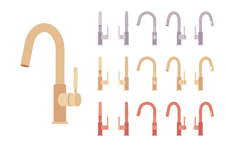 Water mixer set. Kitchen or bathroom valve controlling release of a hot and cold liquid, sink faucet. Vector flat style cartoon illustration isolated on white background, different views, colorsのイラスト素材