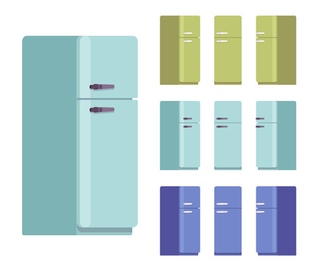 Retro fridge set, kitchen equipment. Refrigerator to keep cool, appliance to store food and drink fresh. Vector flat style cartoon illustration isolated on white background, different views and colorsのイラスト素材