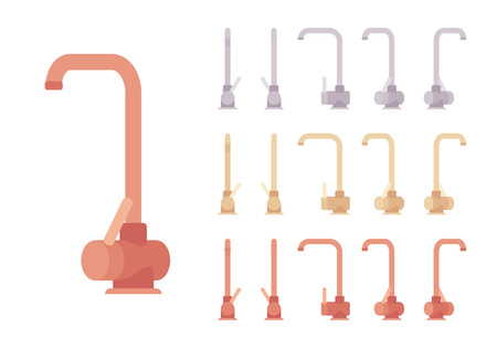 Water mixer set. Kitchen or bathroom valve controlling release of a hot and cold liquid, sink faucet. Vector flat style cartoon illustration isolated on white background, different views, colorsのイラスト素材