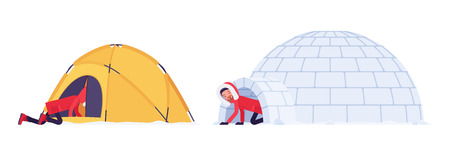 Winter hiking man in a shelter. Male tourist in tent and igloo, wearing bright jacket with attached...