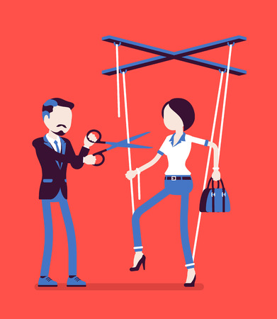 Marionette Businesswoman Free From Slavery Woman Liberation Girl Got Personal Rights After Influence And Control Man Cutting Doll Strings With Scissors Vector Illustration Faceless Charactersのイラスト素材 ストックフォト 写真素材のstock Foto