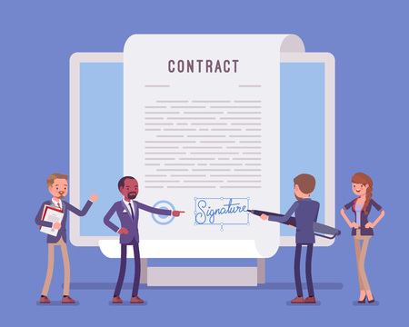 Electronic document signature, contract page on screen. Business people sign official paper, formal agreement, businessman with giant pen putting name as a form of identification. Vector illustrationのイラスト素材