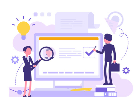 Electronic business document. Business people deal with official paper on computer screen, read digital information, study office file and data. Vector abstract illustration with faceless characterのイラスト素材