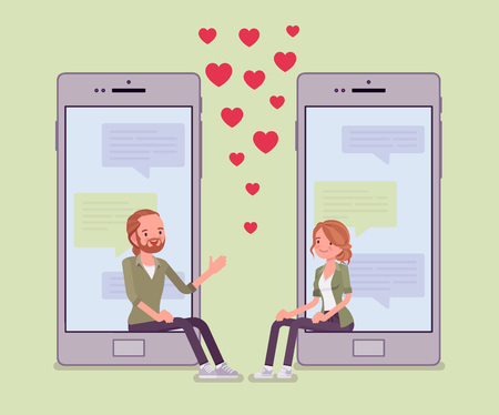 Dating mobile application chat. Pair talking on smartphone screen, man and woman put together, dream to meet life partner via social network service, heart love symbols around. Vector illustrationのイラスト素材