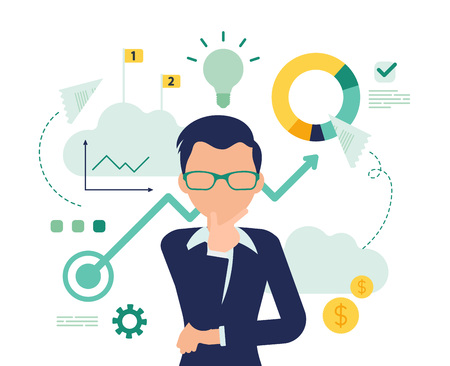 Businessman thinking about new project. Business inspiration for creative male manager, entrepreneur with great idea for financial gain in mind.のイラスト素材
