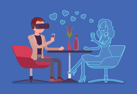Virtual date in restaurant. Young man wearing VR headset meeting with not real woman, oculus gaming system for entertainment, computer technology to create simulated environment.のイラスト素材