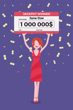Winning lottery ticket, happy woman holding giant check. Successful boy celebrating chance event of getting first prize, good luck to achieve large money fund. Vector flat style cartoon illustrationのイラスト素材
