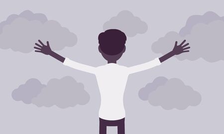 Man praising with stretched out arms, rear view. Guy wearing white clothes open hands to sky, express approval, admiration of god, practicing relaxation. Vector illustration, faceless characterのイラスト素材