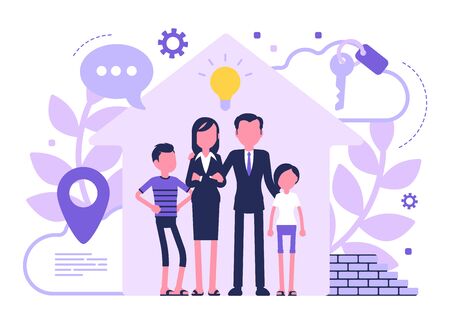 New house for a family. Happy people moving into flat, rent apartment, getting own home after purchase or mortgage, real estate property business. Vector abstract illustration with faceless characterのイラスト素材