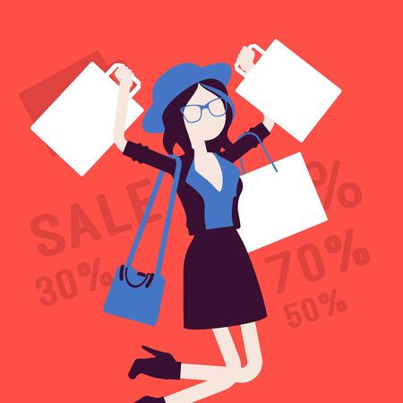 Sale for happy girl. Young woman enjoys shopping, carrying out purchases bags, consumer spends money buying at lower price. Vector illustration with faceless character, discount percentage backgroundのイラスト素材