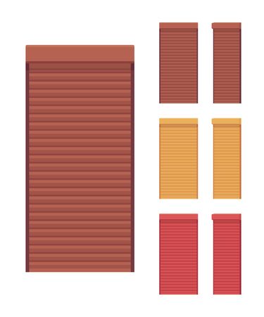 Security metal shutter set for home. House privacy and personal confidence, cottage solar roller shades. Vector flat style cartoon illustration isolated on white background, different views and colorsのイラスト素材