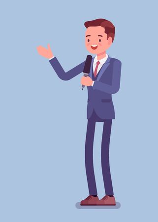 News presenter, male newsreader or newscaster broadcasting. Young man with Tv interview microphone, anchorman standing presenting breaking news and information. Vector flat style cartoon illustrationのイラスト素材