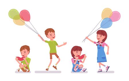 Boy and girl child 7 to 9 years old, school age kid activity and fun. Children enjoy eating watermelon, holding bright air balloons. Vector flat style cartoon illustration isolated, white backgroundのイラスト素材