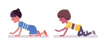 Black boy, girl child 7 to 9 years old, active happy school age male and female kid crawling, playing a game having fun, amusement. Vector flat style cartoon illustration isolated on white backgroundのイラスト素材