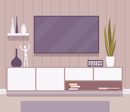 TV cabinet interior. Television set wall mount ideas for cozy living room, entertainment center for friends and family evenings. Vector flat style cartoon illustrationのイラスト素材