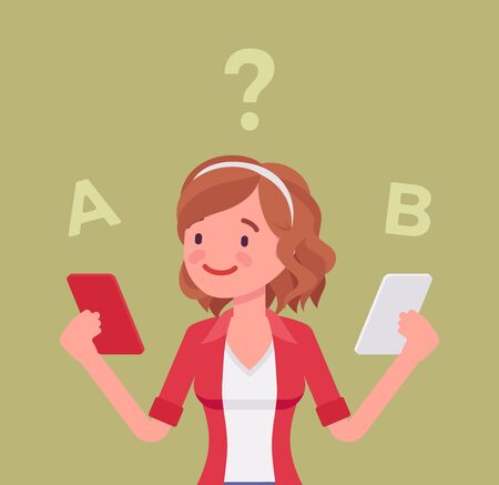 Smartphone comparison for a girl. Young lady choosing between two smart phones, rankings product features, looking for differences, design view, brand and price. Vector flat style cartoon illustrationのイラスト素材