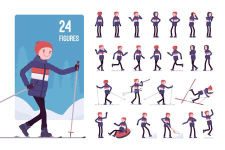 Young man in a striped down jacket character set. Guy wearing warm clothes enjoys winter sport and outdoor activity. Men snow season outfit. Full length, different views, gestures, emotions and posesのイラスト素材