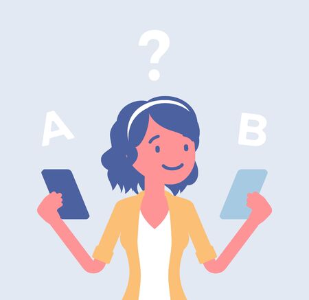 Smartphone comparison for a girl. Young lady choosing between two smart phones, rankings product features, looking for differences, design view, brand and price. Vector flat style cartoon illustrationのイラスト素材