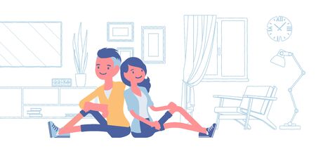 Young family dreaming of own house. Man and woman sitting in imaginable line drawing image of a new future flat, room vision with interior details and furniture. Vector flat style cartoon illustrationのイラスト素材
