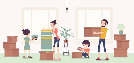 Family moving to new apartment. Happy parents, kids celebrate relocation, unpacking together essentials boxes in empty room, opening cardboards with belongings. Vector flat style cartoon illustrationのイラスト素材