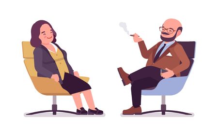 Chubby heavy man and curvy woman with belly resting. Overweight and fat body shape, round kind civil service worker. Big people fashion, plus size formal wear. Vector flat style cartoon illustrationのイラスト素材