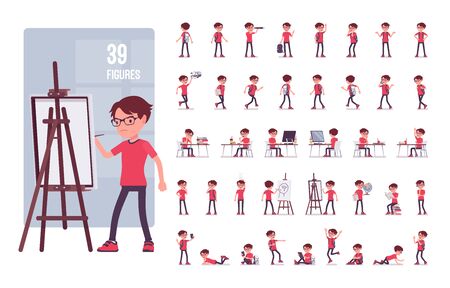 School boy in a casual wear character set. Cute small guy in glasses with a rucksack, active young kid, smart elementary pupil, 7 to 9 years old. Full length, different view, gestures, emotions, posesのイラスト素材