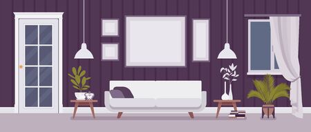 Well-designed living room, inspiring interior for home, office. Inviting comfort, scandinavian elegance, furniture kit for enjoying family time, entertaining. Vector flat style cartoon illustrationのイラスト素材