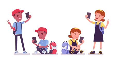 School boy and girl with gadgets, smartphone. Cute small children taking selfies, active young kids, smart elementary pupils aged between 7 and 9 years old. Vector flat style cartoon illustrationのイラスト素材