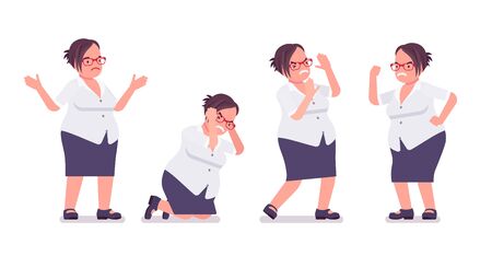 Fat female clerk in positive emotions. Heavy middle aged business lady, office manager and civil service worker, typical employee in a plus size formal wear. Vector flat style cartoon illustrationのイラスト素材