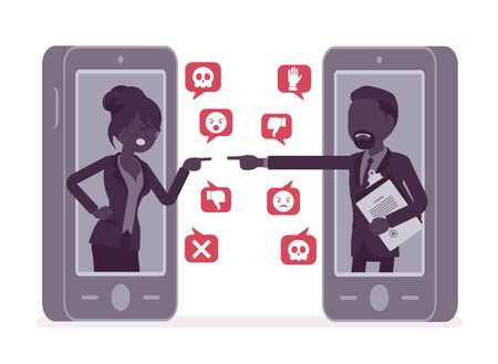 Cyberbullying, business people smartphone bullying, harmful gadget harassment. Hating, trolling via cellphone in social networking page, embarrassing rumours. Vector illustration, faceless charactersのイラスト素材