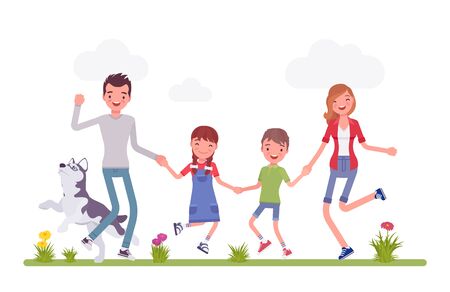 Happy family enjoying outdoor time with kids and a dog pet. Husband, wife, son, daughter positive team, traditional household, happiness and good relationships. Vector flat style cartoon illustrationのイラスト素材