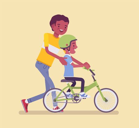 Father guiding son riding safely a bicycle. Boy learning to ride a first pedal bike, beginning rider training stability for cycling with dad support and help. Vector flat style cartoon illustrationのイラスト素材