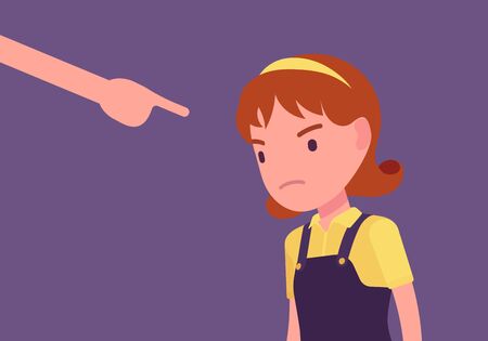 Punishment for girl, adult finger pointing to guilt, punish. Strict discipline strategies to control child behavior, physically or emotionally damaging method. Vector flat style cartoon illustrationのイラスト素材