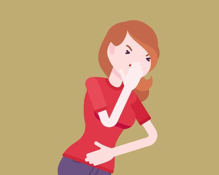 Sick woman suffering with bad virus attack, symptoms of fever, coughing. Pandemic outbreak of infection, pneumonia shortness of breath and immune system problem. Vector flat style cartoon illustrationのイラスト素材