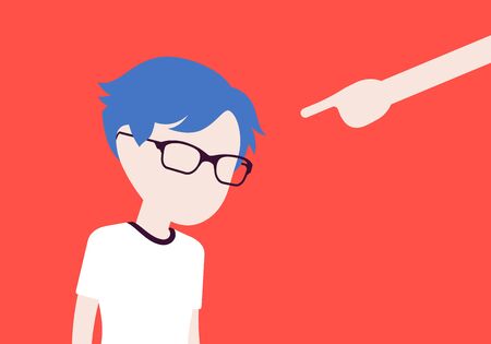 Punishment for boy, adult finger pointing to guilt, punish. Strict discipline strategies to control child behavior, physically or emotionally damaging method. Vector illustration, faceless characterのイラスト素材
