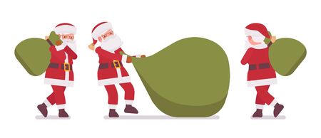 Santa Claus, Father Christmas carrying heavy gift bag. Portly, jolly, white bearded cute man wearing a red coat carrying sack full of presents for good children. Vector flat style cartoon illustrationのイラスト素材