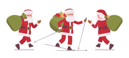 Santa Claus, Father Christmas skiing carrying heavy gift bag. Portly, jolly, white bearded man wearing a red coat carrying a sack full of presents for children. Vector flat style cartoon illustrationのイラスト素材