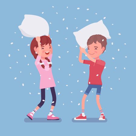 Pillow fight game, boy and girl kids enjoy free time at home. Sleepover fun, pajamas party or slumber entertainment for young children staying in house. Vector flat style cartoon illustrationのイラスト素材