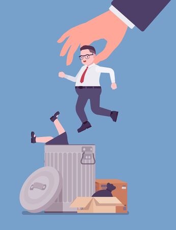 Male employee unfair dismissal, employment crisis losses. Jobless people, jobs market in massive economic disaster, increased global unemployment and recession. Vector flat style cartoon illustrationのイラスト素材